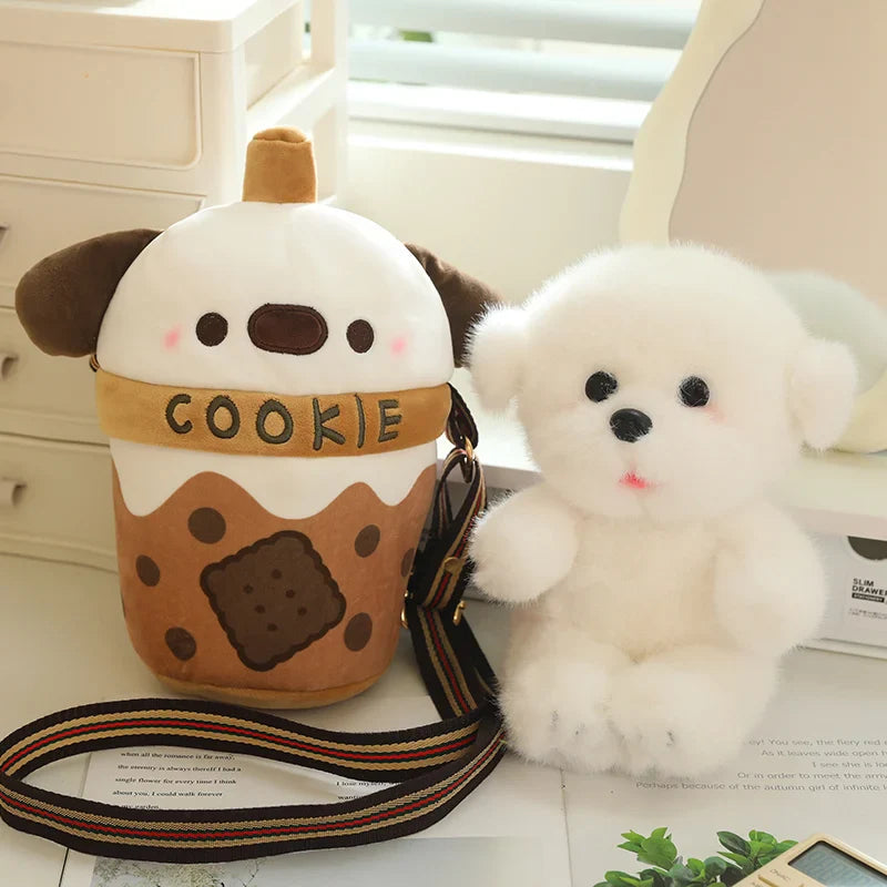 White Bichon Frisé Plushie Bubble Tea Cookie Bag-Enchanted peach