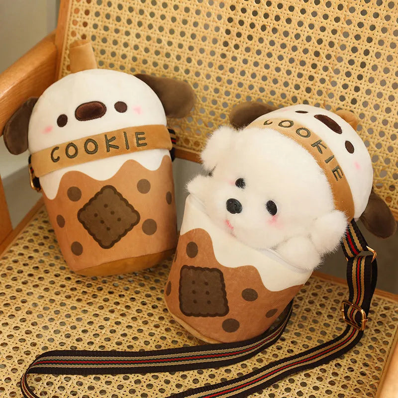 White Bichon Frisé Plushie Bubble Tea Cookie Bag-Enchanted peach