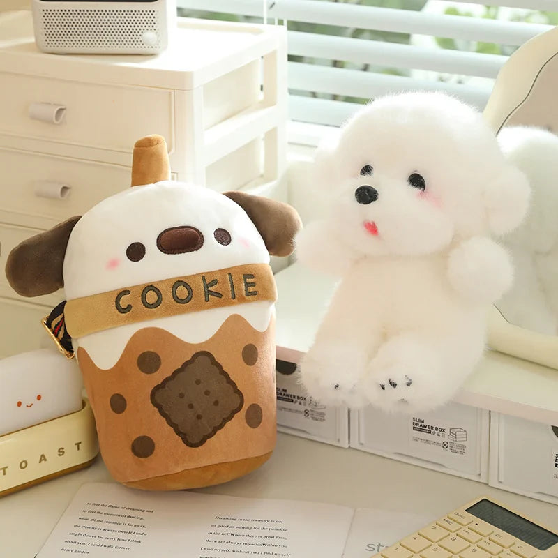 White Bichon Frisé Plushie Bubble Tea Cookie Bag-Enchanted peach