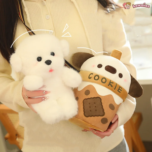 White Bichon Frisé Plushie Bubble Tea Cookie Bag-Enchanted peach