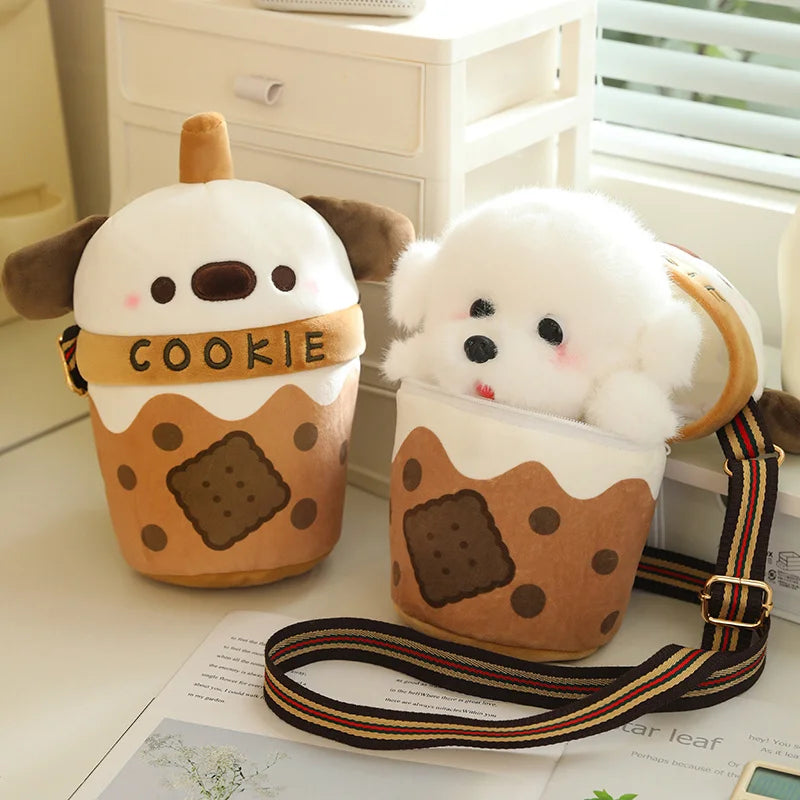 White Bichon Frisé Plushie Bubble Tea Cookie Bag-Enchanted peach