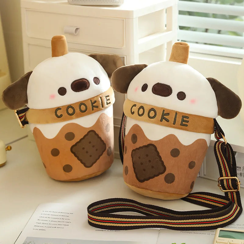 White Bichon Frisé Plushie Bubble Tea Cookie Bag-Enchanted peach