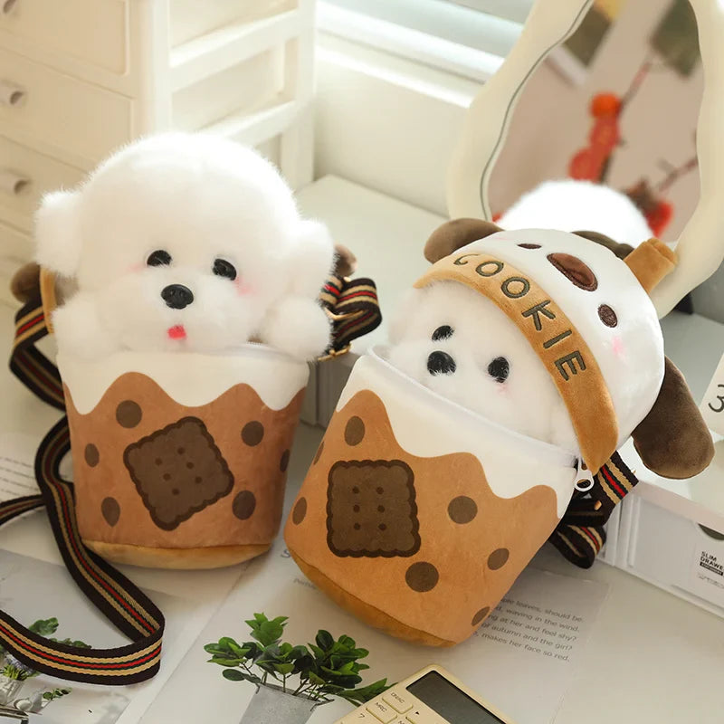 White Bichon Frisé Plushie Bubble Tea Cookie Bag-Enchanted peach