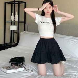 White Black Ruffle Layered High Waist Mini Short Women's Skirt-Enchanted peach