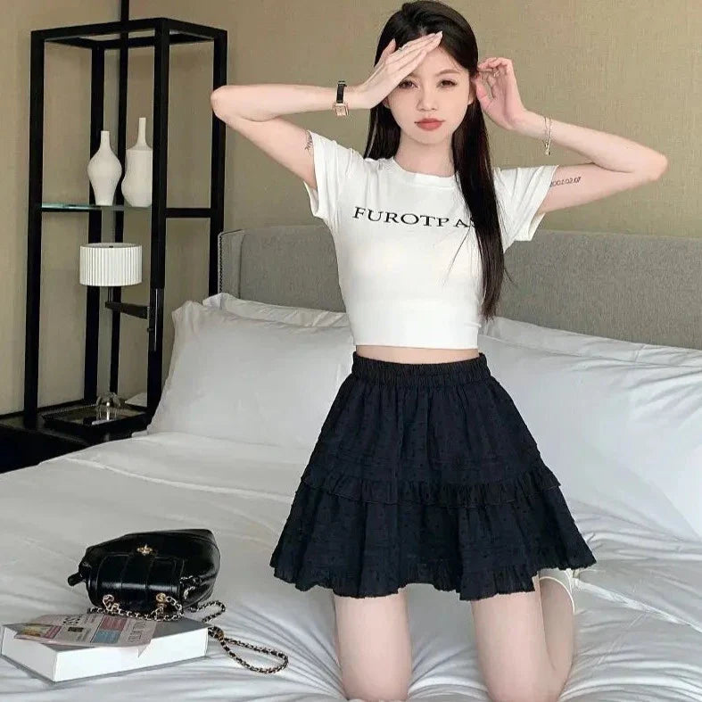 White Black Ruffle Layered High Waist Mini Short Women's Skirt-Enchanted peach