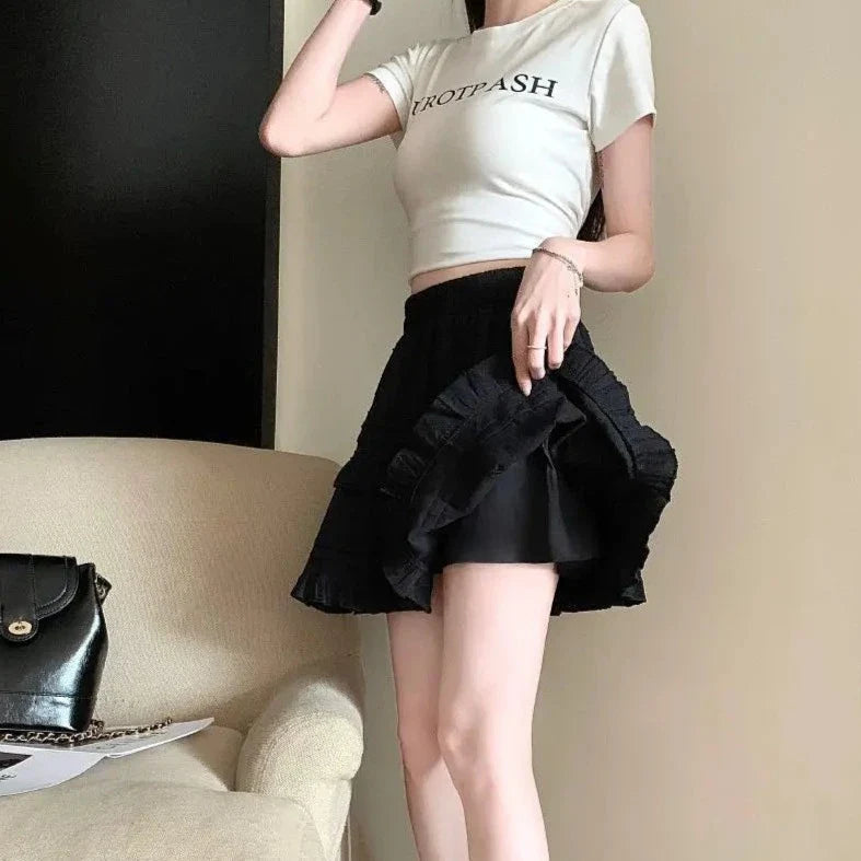 White Black Ruffle Layered High Waist Mini Short Women's Skirt-Enchanted peach