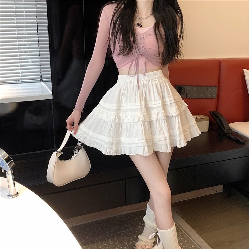 White Black Ruffle Layered High Waist Mini Short Women's Skirt-Enchanted peach