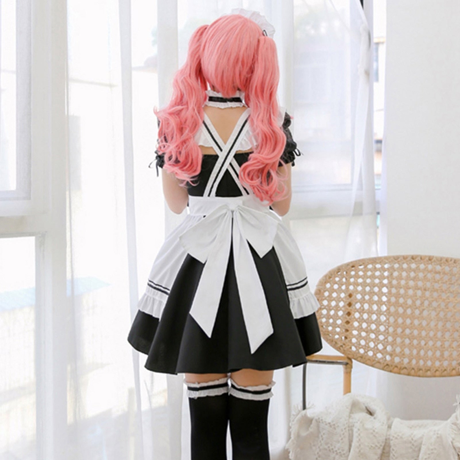 White Black Striped Lolita Maid Cosplay Women's Dress-Enchanted peach