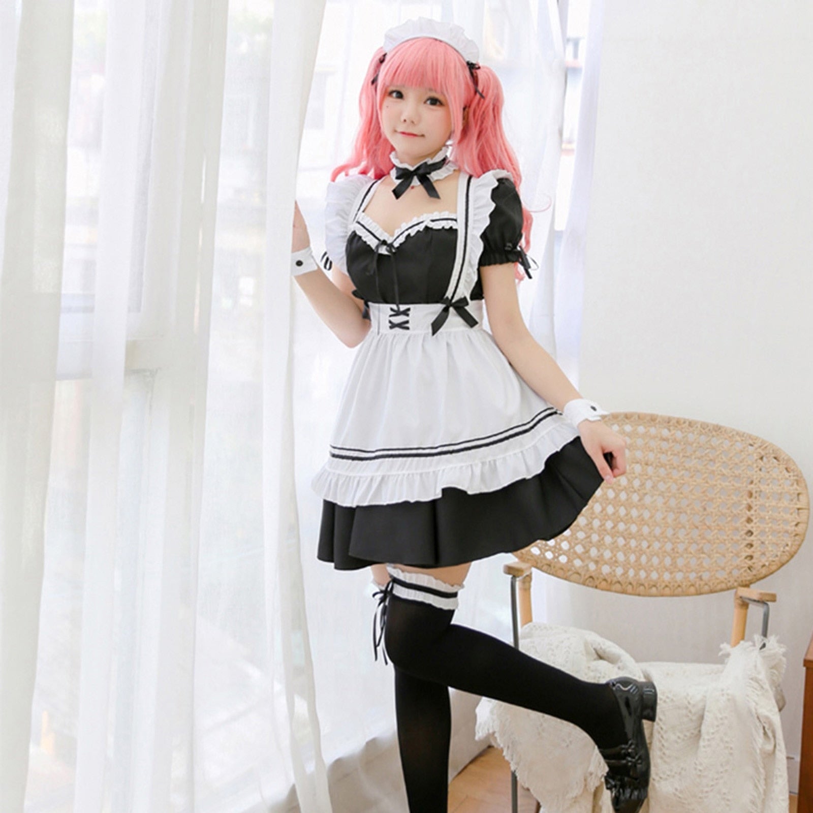 White Black Striped Lolita Maid Cosplay Women's Dress-Enchanted peach