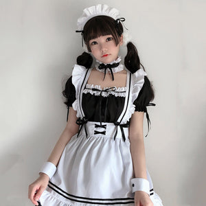 White Black Striped Lolita Maid Cosplay Women's Dress-Enchanted peach