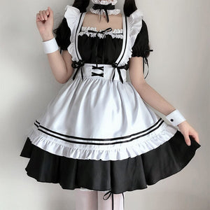 White Black Striped Lolita Maid Cosplay Women's Dress-Enchanted peach