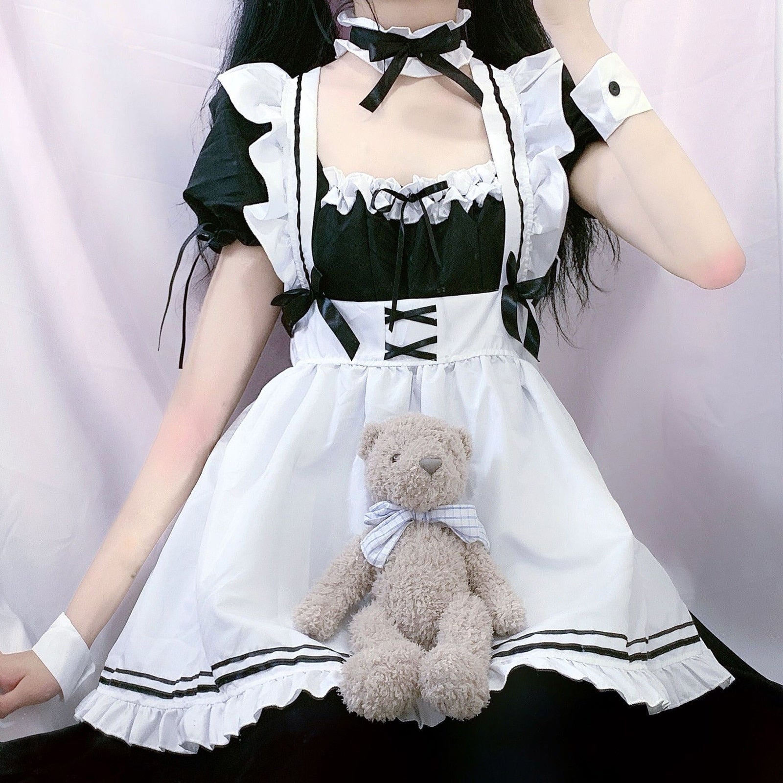 White Black Striped Lolita Maid Cosplay Women's Dress-Enchanted peach