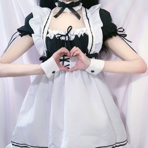 White Black Striped Lolita Maid Cosplay Women's Dress-Enchanted peach