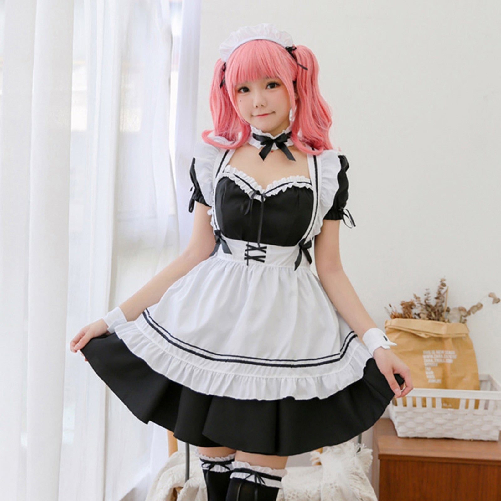 White Black Striped Lolita Maid Cosplay Women's Dress-Enchanted peach