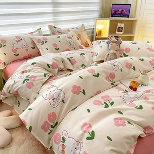 White Bunny Peach Flower Bedding Set-Enchanted peach