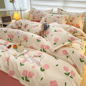 White Bunny Peach Flower Bedding Set-Enchanted peach