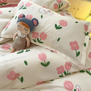 White Bunny Peach Flower Bedding Set-Enchanted peach