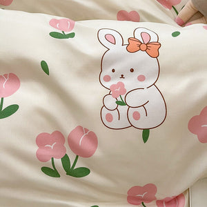 White Bunny Peach Flower Bedding Set-Enchanted peach