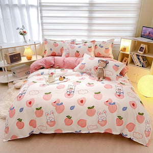 White Bunny Peach Flower Bedding Set-Enchanted peach