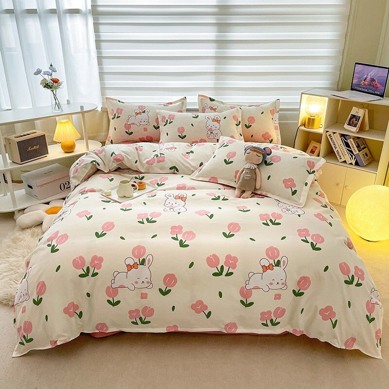 White Bunny Peach Flower Bedding Set-Enchanted peach