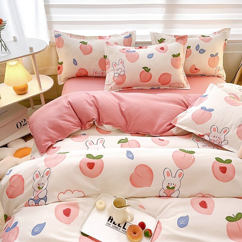 White Bunny Peach Flower Bedding Set-Enchanted peach