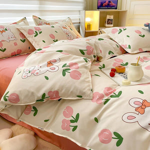 White Bunny Peach Flower Bedding Set-Enchanted peach