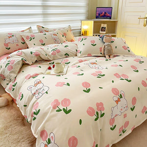 White Bunny Peach Flower Bedding Set-Enchanted peach