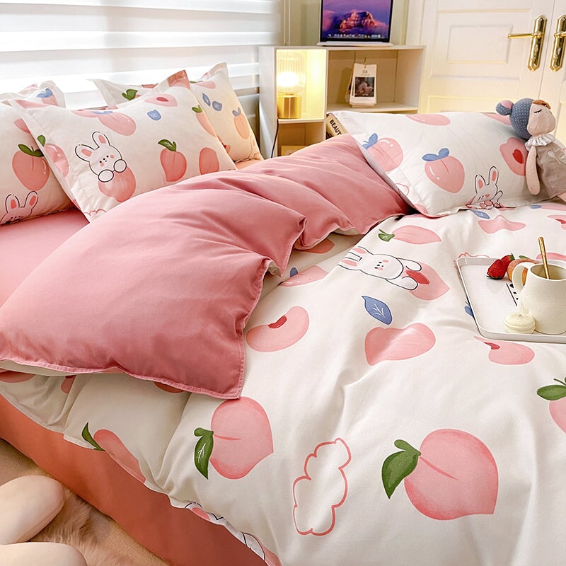 White Bunny Peach Flower Bedding Set-Enchanted peach