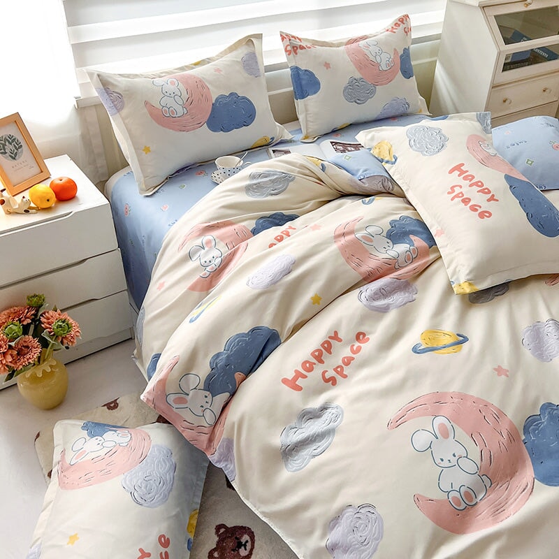 White Bunny Space Moon Bedding Set-Enchanted peach