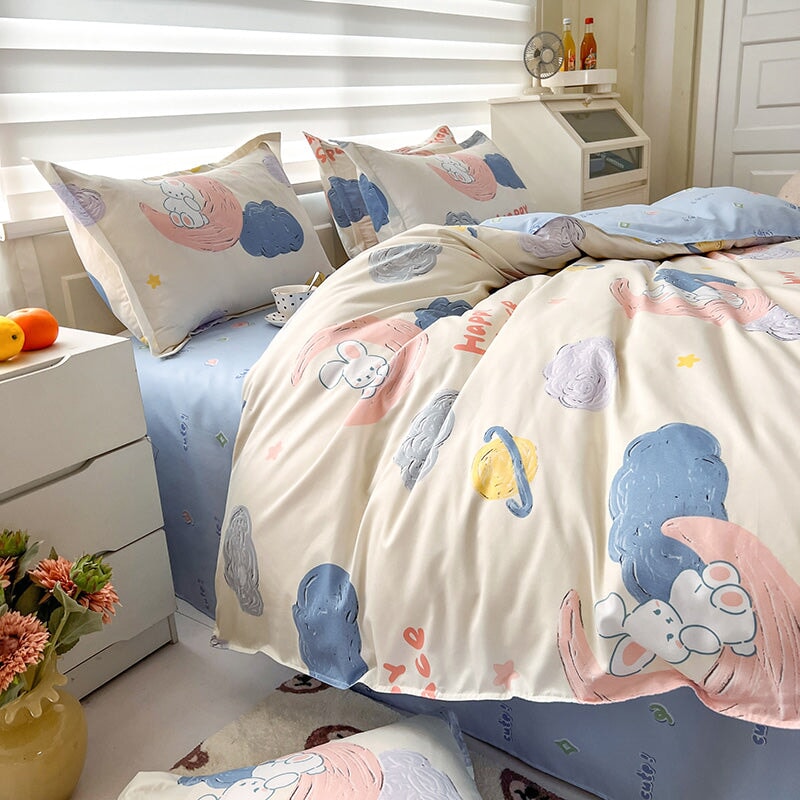 White Bunny Space Moon Bedding Set-Enchanted peach