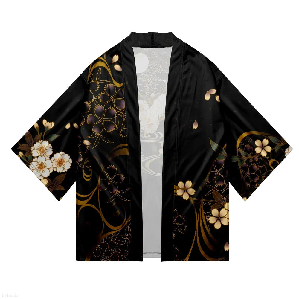 White Crane Sakura Black Unisex Kimono-Enchanted peach