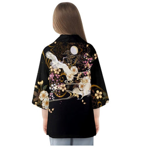 White Crane Sakura Black Unisex Kimono-Enchanted peach