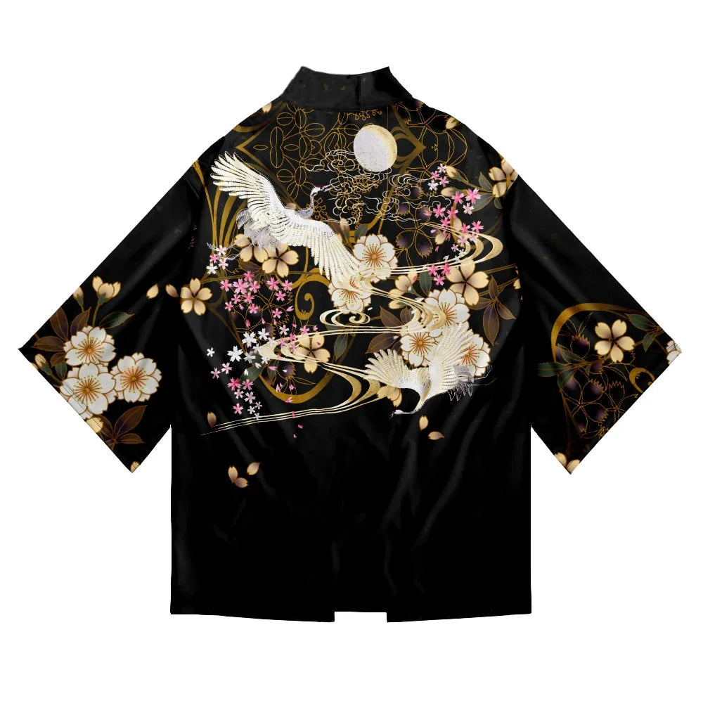 White Crane Sakura Black Unisex Kimono-Enchanted peach