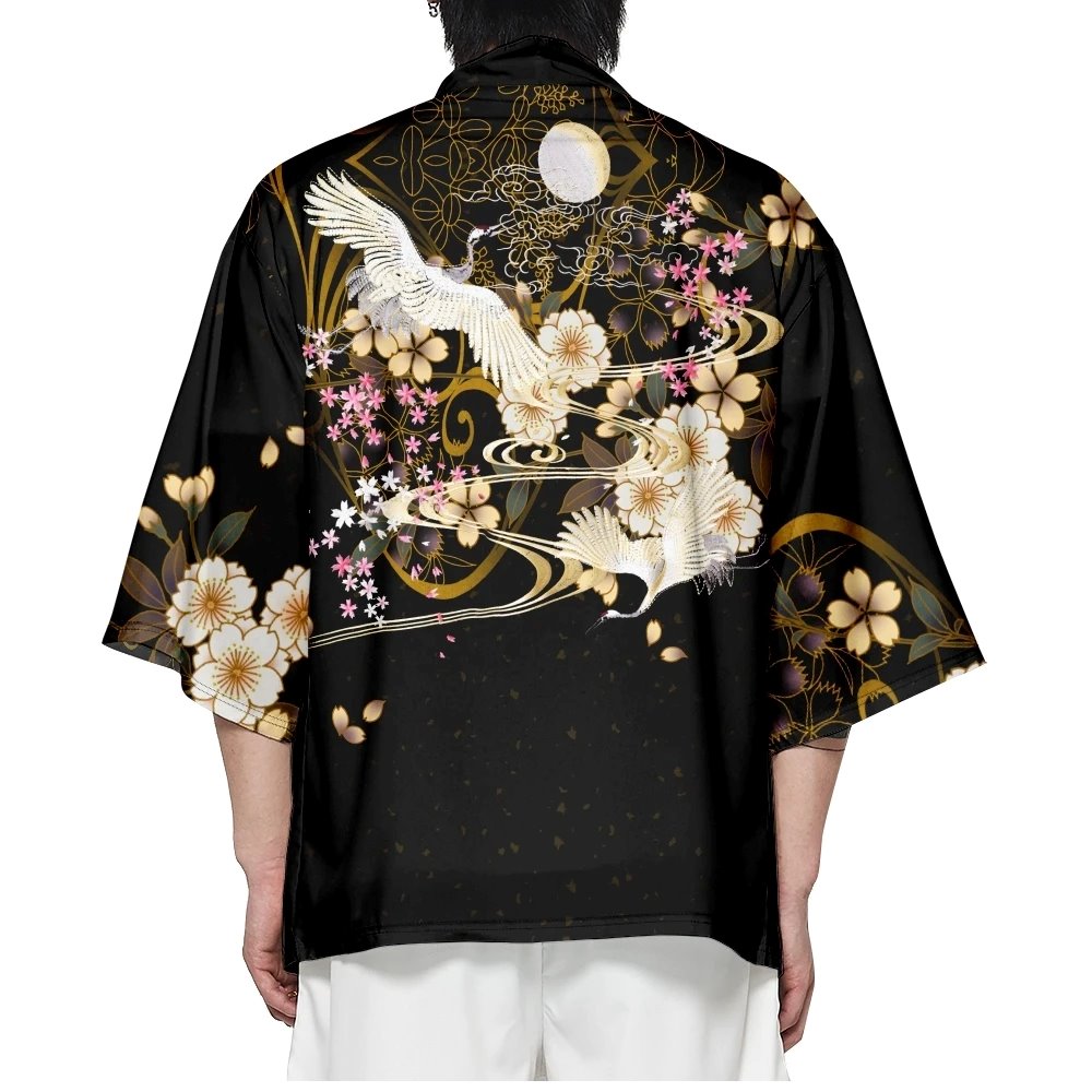 White Crane Sakura Black Unisex Kimono-Enchanted peach