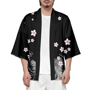 White Fox Mask Sakura Unisex Black Kimono-Enchanted peach