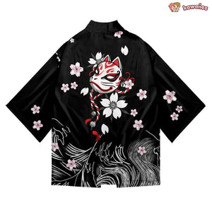 White Fox Mask Sakura Unisex Black Kimono-Enchanted peach