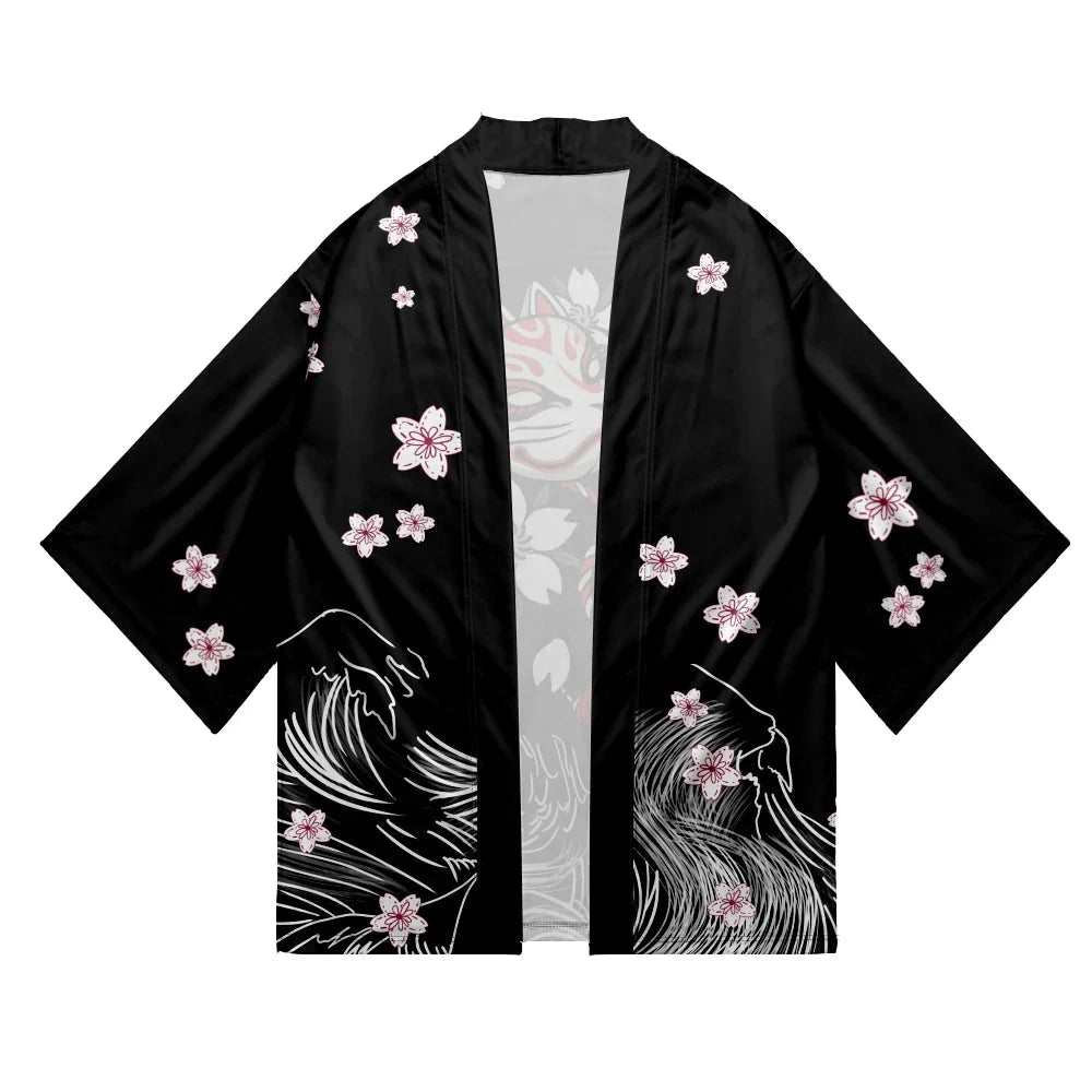 White Fox Mask Sakura Unisex Black Kimono-Enchanted peach