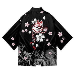 White Fox Mask Sakura Unisex Black Kimono-Enchanted peach