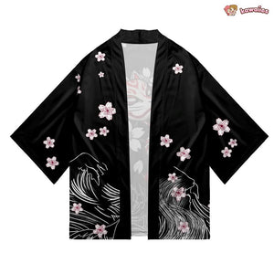 White Fox Mask Sakura Unisex Black Kimono-Enchanted peach