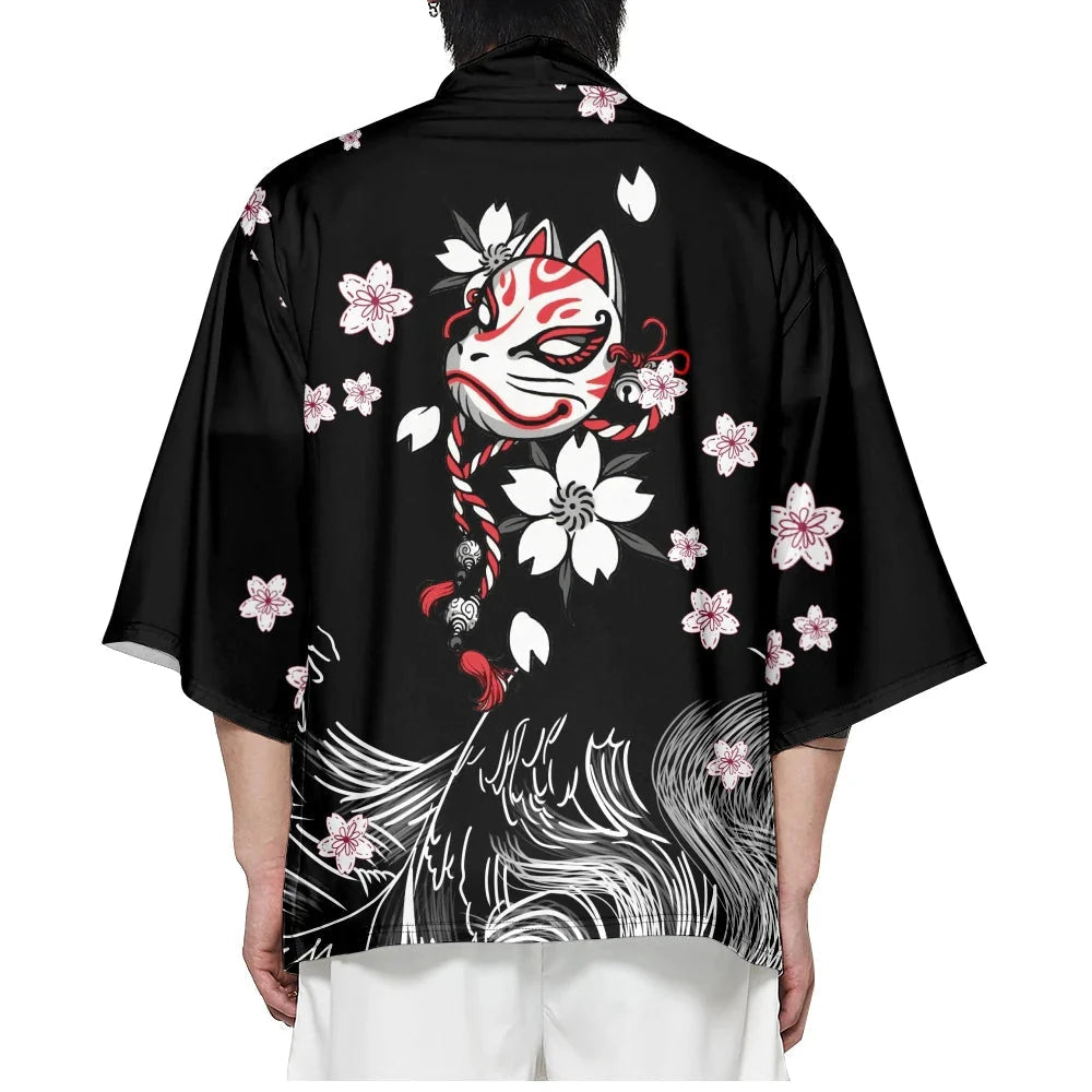 White Fox Mask Sakura Unisex Black Kimono-Enchanted peach