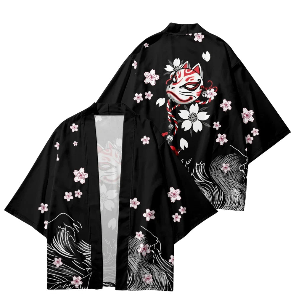 White Fox Mask Sakura Unisex Black Kimono-Enchanted peach