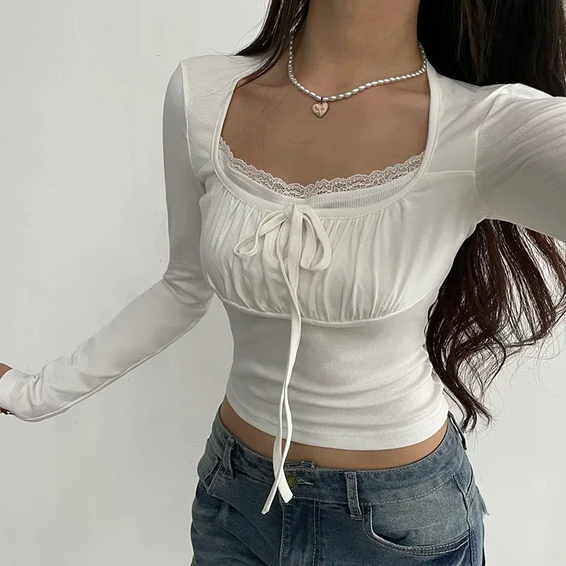 White Harajuku Laced Women's Long Sleeve Top-Enchanted peach