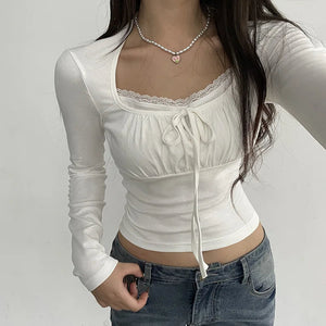 White Harajuku Laced Women's Long Sleeve Top-Enchanted peach