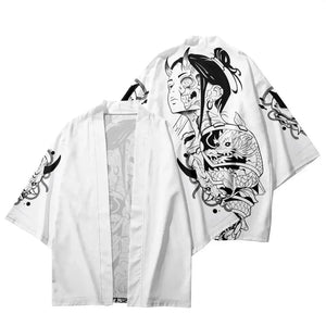 White Japanese-themed Skeleton Samurai Print Unisex Kimono-Enchanted peach