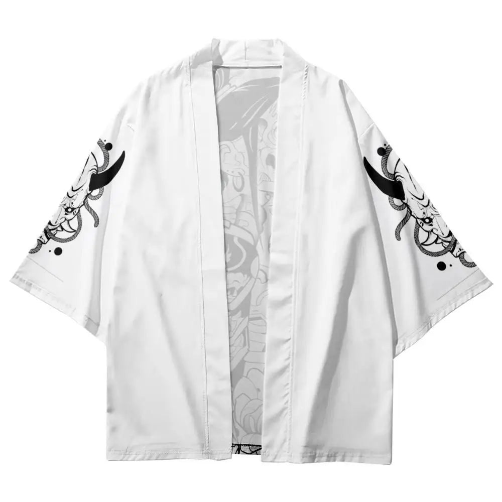 White Japanese-themed Skeleton Samurai Print Unisex Kimono-Enchanted peach