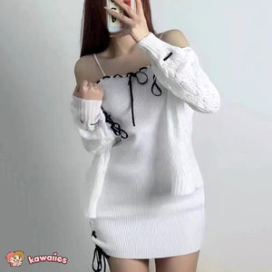 White Knitted Two Piece Set Women's Cardigan Dress-Enchanted peach