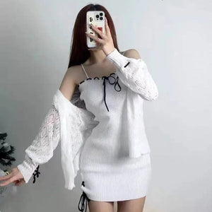 White Knitted Two Piece Set Women's Cardigan Dress-Enchanted peach