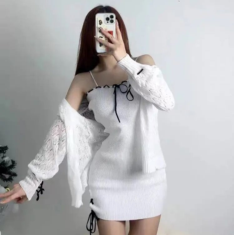 White Knitted Two Piece Set Women's Cardigan Dress-Enchanted peach