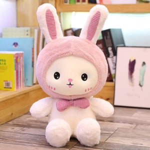 White Teddy with Bunny Bear Dinosaur Hat Plushie-Enchanted peach