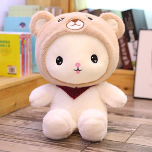 White Teddy with Bunny Bear Dinosaur Hat Plushie-Enchanted peach